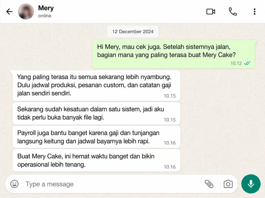 Tangkapan layar WhatsApp dari Mery, Mery Cake: jadwal produksi, pesanan custom, dan catatan gaji dulu jalan sendiri-sendiri, sekarang jadi satu sistem.